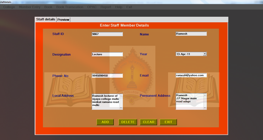 Member Entry – Enter Staff Member Detail  Form